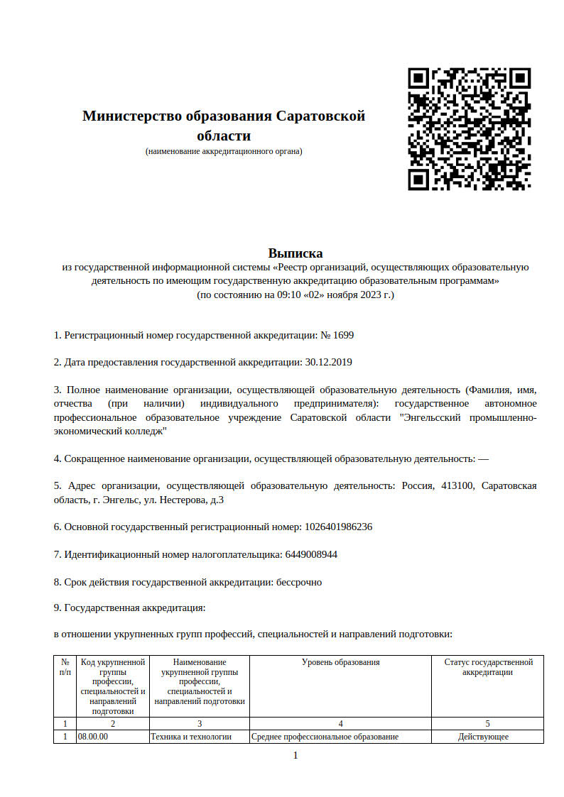 Свидетельство о государственной аккредитации № 1699 от 30.12.2019 г. | ЭПЭК